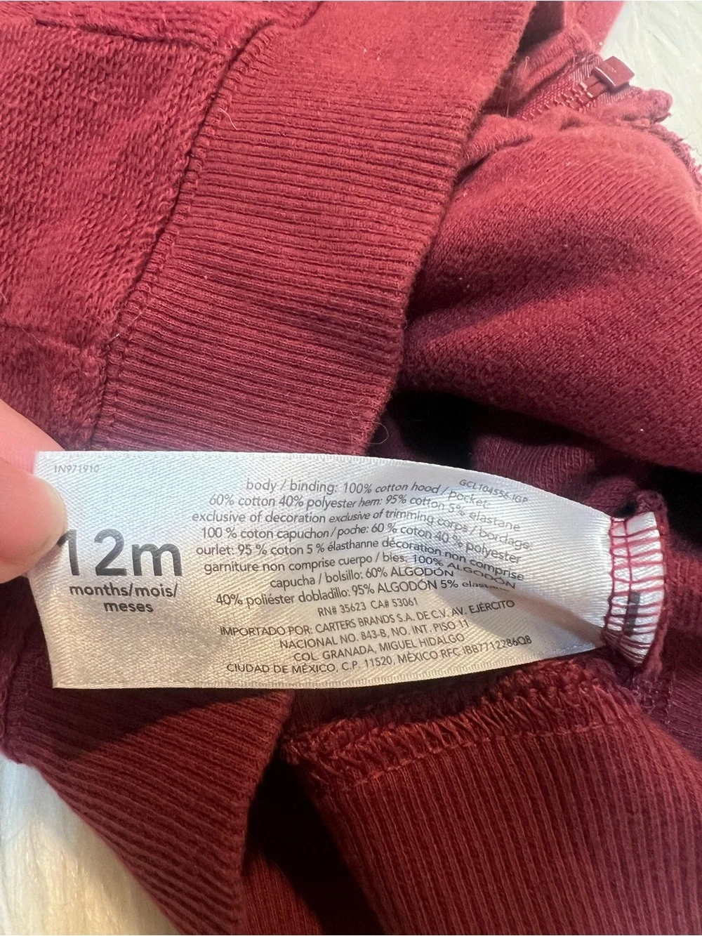 Carter's Baby Boys Sz 12 Months Hooded Vest Sleeveless Burgundy Full Zip Cotton